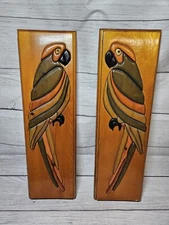 Vintage Hand Crafted Intarsia Wood Parrot Pair Wall Hangings - 18" x 5.5" - RARE