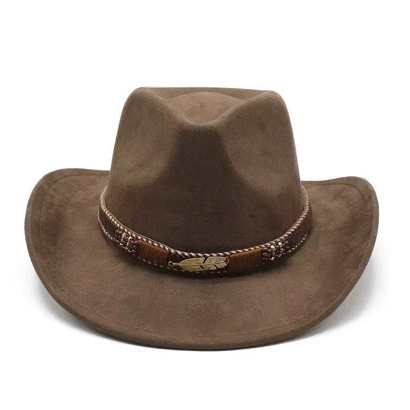 Sombrero de Vaquera Occidental Marrón - Banda Trenzada Pluma Dorada, Fieltro, Hombres Mujeres Foto 4 de 4
