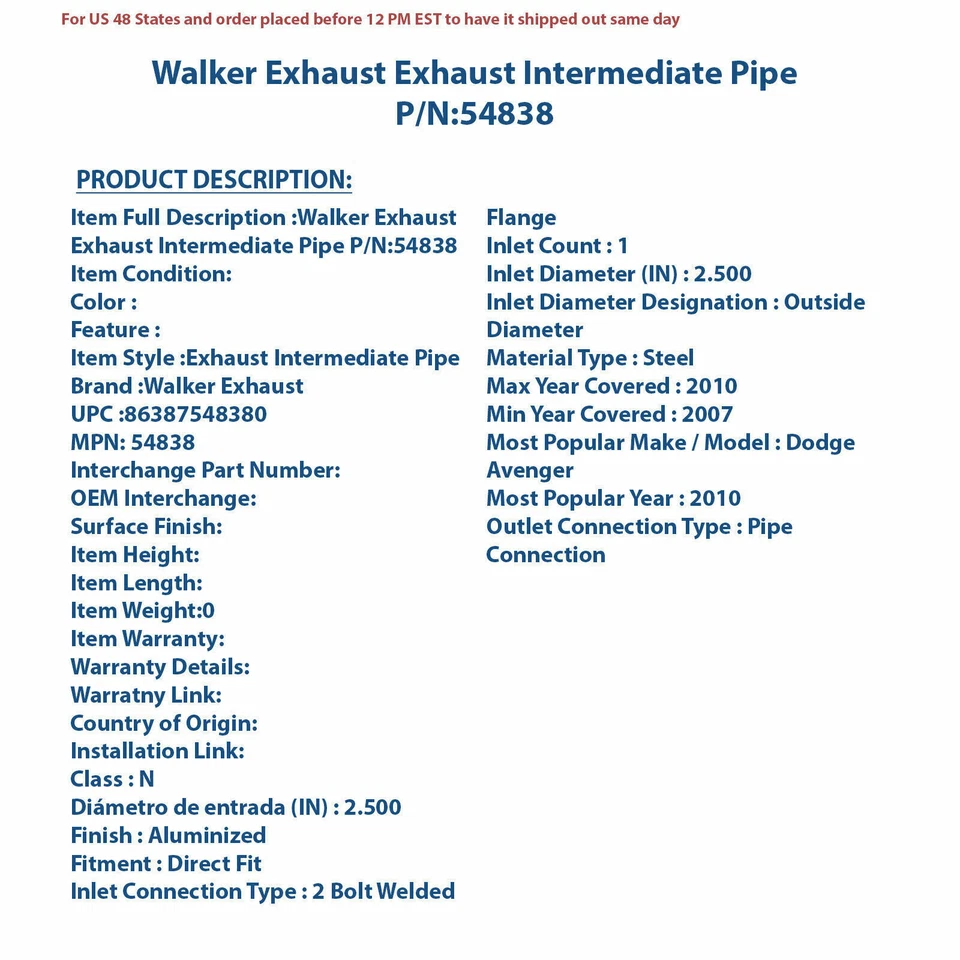 Walker Exhaust Exhaust Intermediate Pipe 54838 | High-Quality Auto Part, Univers - Image 4 of 4