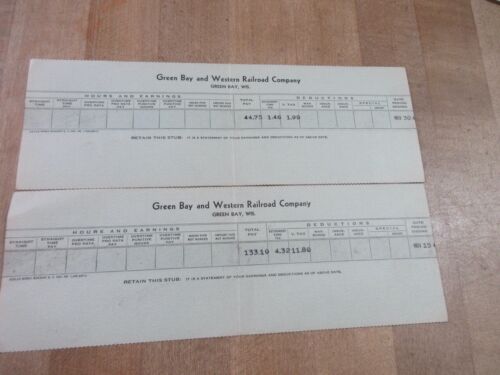 2 Railroad Pay Stubs Green Bay & Western Railroad November 1940's (r)