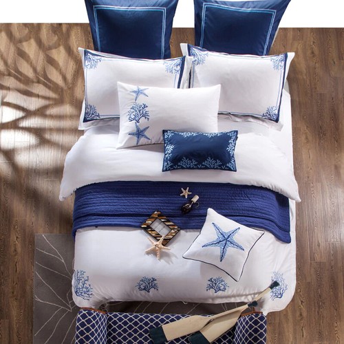 2025 Royal Luxury White Egyptian Cotton Hotel Duvet Cover Set Chic Blue Coral - Picture 4 of 6