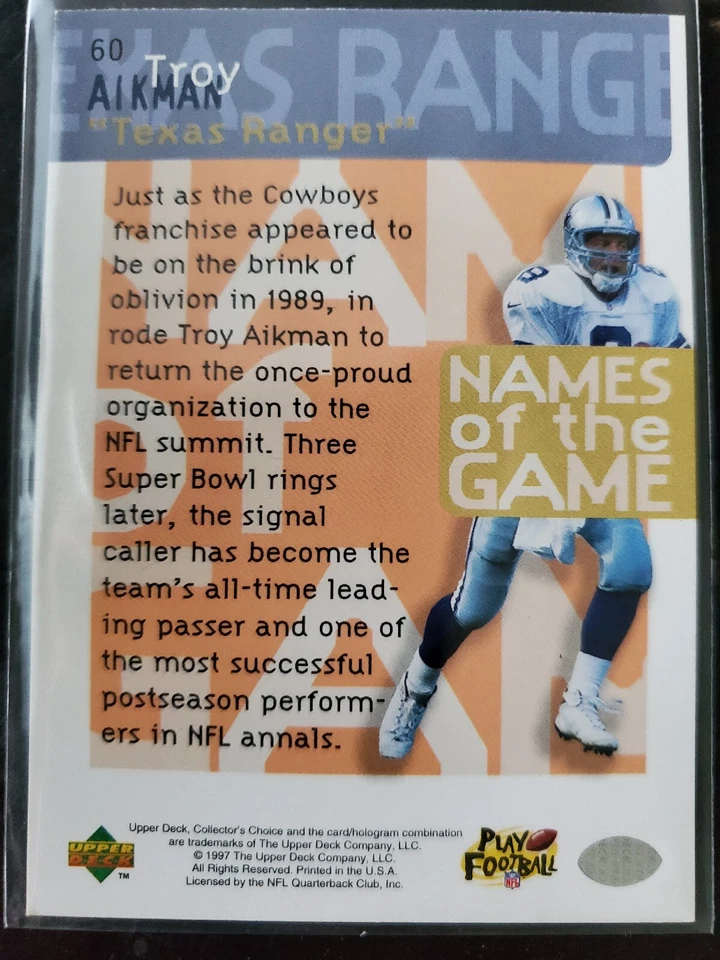 1997 Upper Deck Collector's Choice NFL Card Troy Aikman Texas Ranger Mint #60 - Image 2 of 2