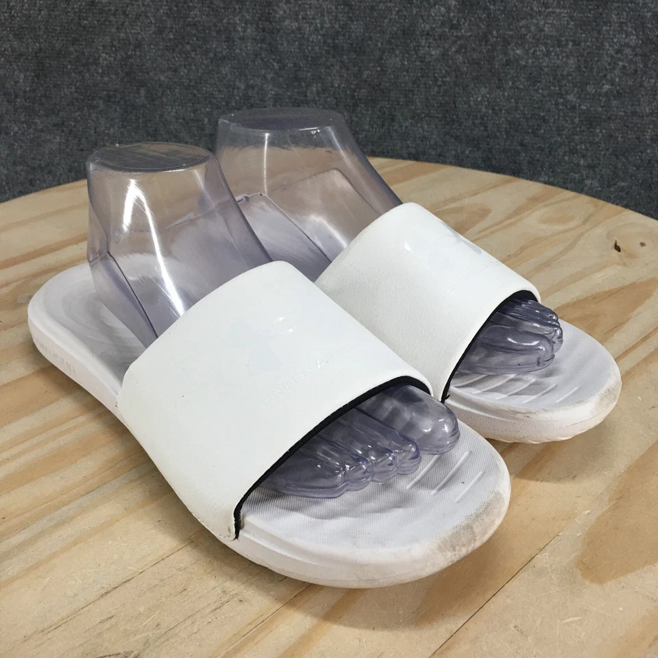 Sandalias Under Armour para mujer 8 Ansa correderas fijas planas blancas punta abierta 3023772-101 Foto 3 de 4