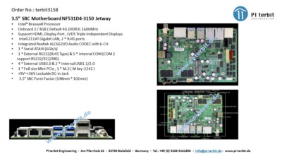 Jetway 3.5'' SBC Motherboard NF531D4-3160, Intel Braswell Processor SoC