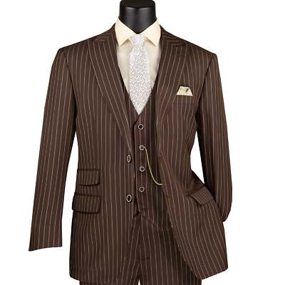 BIG & TALL Men's Brown Chalk Stripe 3 Piece Regular Fit Suit NEW
