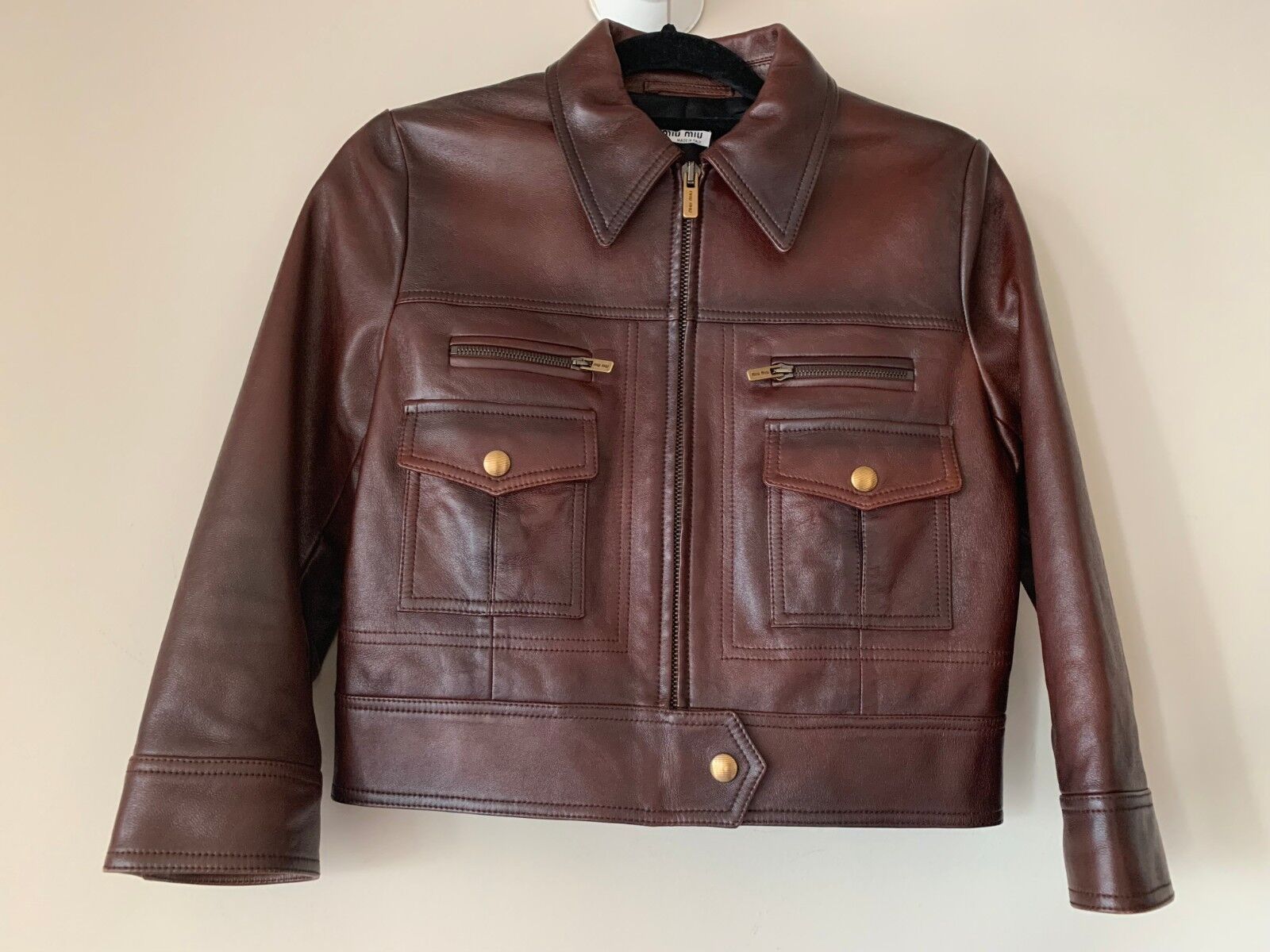 100% AUTH MIU MIU CROP BROWN LEATHER JACKET SIZE:… - image 1