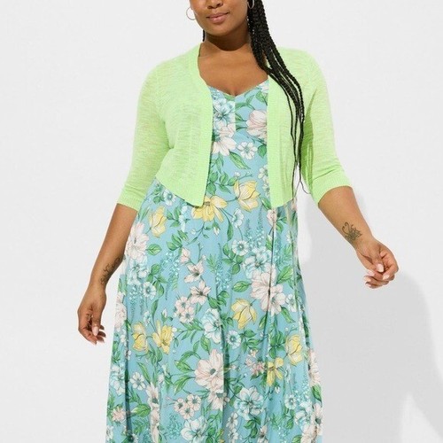 Torrid Sweater 0X (LG) Green Crop Slub Cardigan Shrug Lightweight Open Front New - Picture 4 of 4