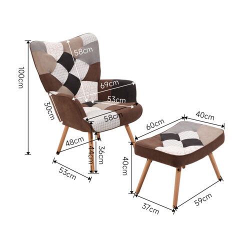 Patchwork Terry Cloth Armchair with Footstool Leisure Sofa Padded Accent Chairs - Picture 10 of 10