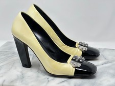 Vtg PRADA SZ 38 block heels Pumps yellow Patent Leather Square-Toe buckle shoes