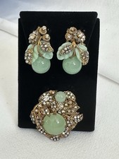 Vintage Miriam Haskell Jade Green Glass Brooch & Earrings Set Brooch AS IS