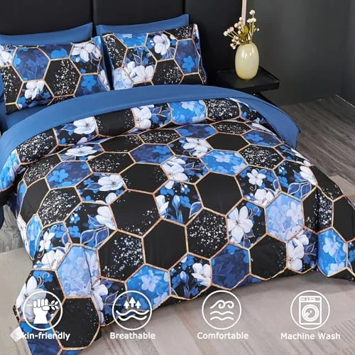 Juego de edredón 7 piezas juego de cama, cama geométrica en una bolsa king azul floral Foto 4 de 4