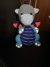 Handmade Crochet Blue Dragon Stuffed Animal Plush w/ Wings, Small 12  tall