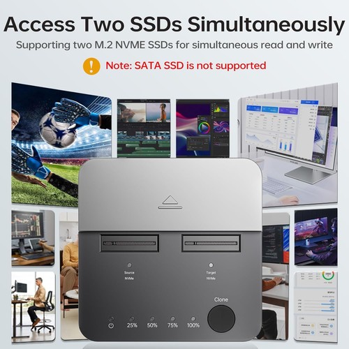 SSK M.2 NVMe SSD Cloner, Dual Bay Enclosure, Tool-Free 20Gbps USB3.2 Gen 2X2 Doc - Afbeelding 3 van 8