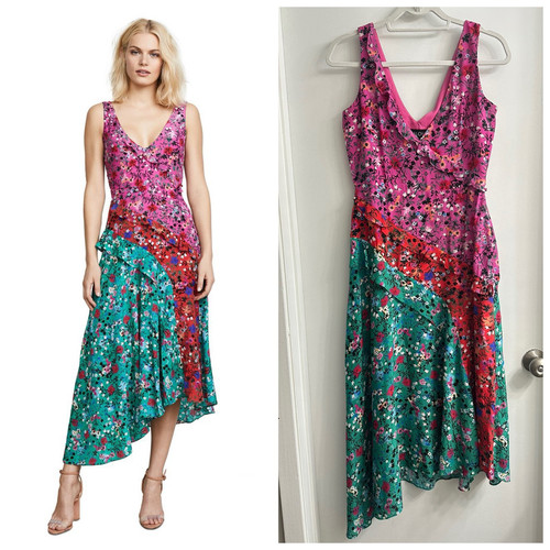 $950 SALONI 100% Silk Women's 6 Asymmetric Hem Ruffle Midi Aggie Floral Dress