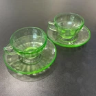 Tea for Two: 2 Vintage Uranium Depression Glass Teacup & Saucer Sets