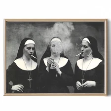 Lauximart Black and White Nuns Smoking Wall Art Funky Aesthetic Prints Women ...
