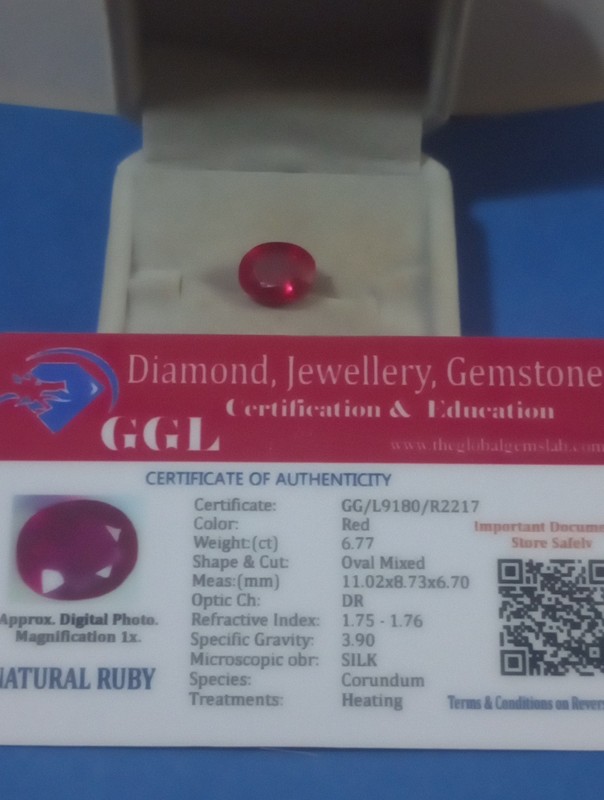 NATURAL EARTH MINED GGL CERTIFIED GEM TESTED HEATED OVAL RED RUBY 6.77 CTS.