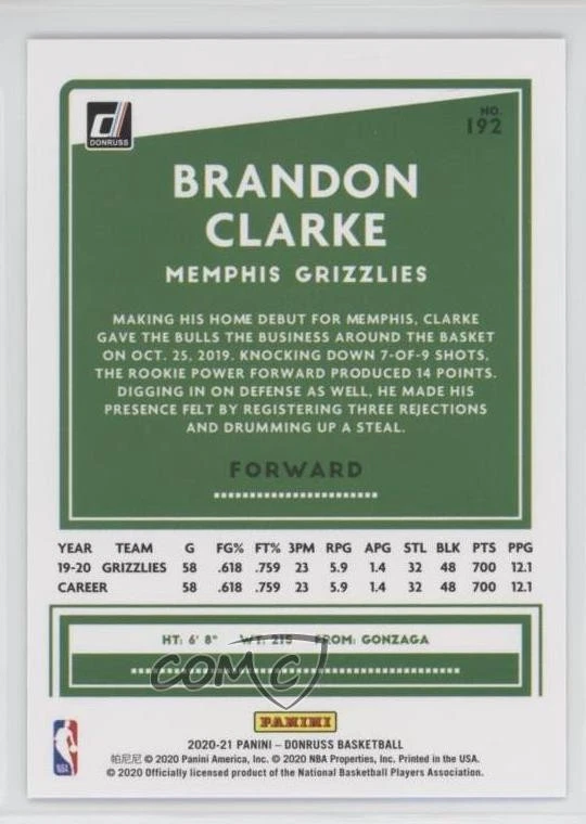 2020-21 Panini Donruss Blue Laser /49 Brandon Clarke #192 - Image 2 of 2