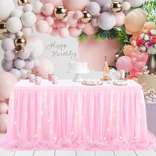 6ft Pink Tulle Table Skirt for Rectangle Tables or Round Tables with LED Ligh...