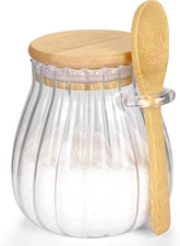 Sugar Container with Bamboo Lid and Spoon,15 Oz Sugar Bowl Glass Jar for Coffee