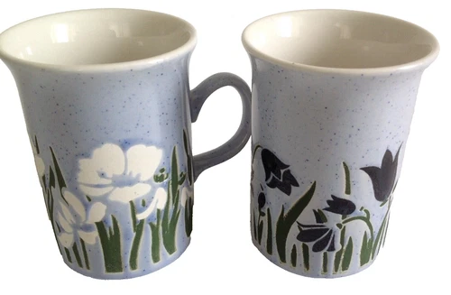 Vintage Churchill England Speckled Blue Embossed  Floral Design Set 2 Mugs Cups