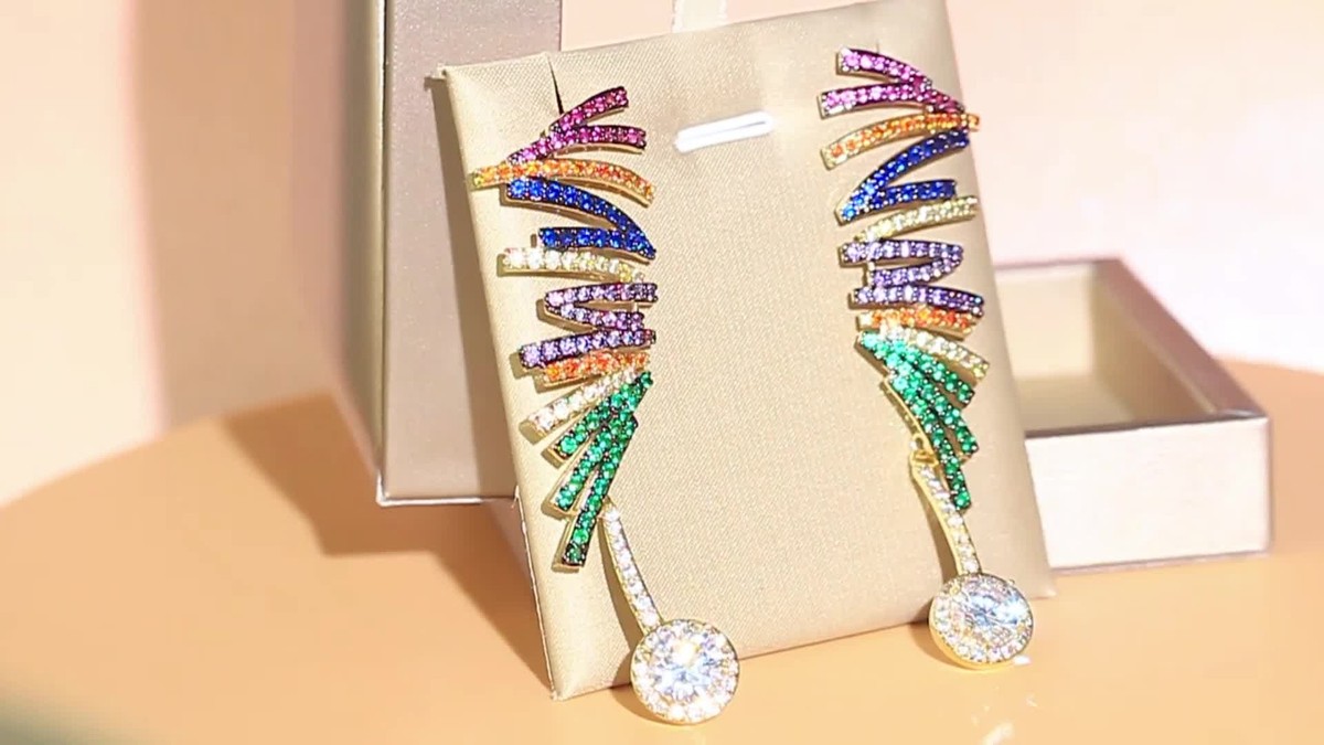 Gold Plated Rainbow Cubic Zirconia Large Long Drop Earrings Women