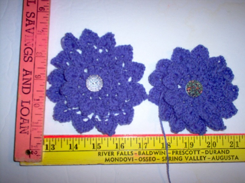 Hand crafted applique purple flowers, set 2 w/button centers