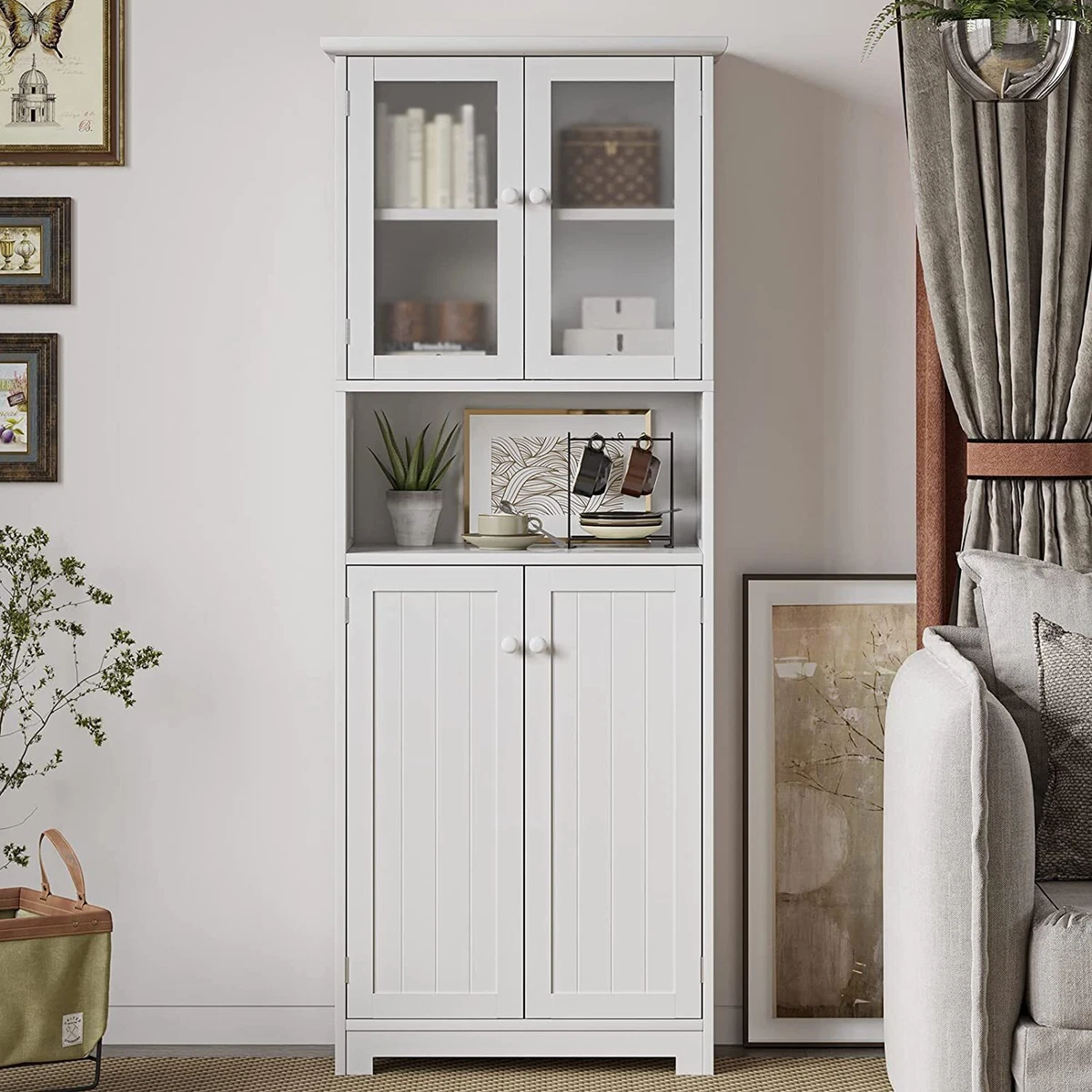 Tall Bathroom Storage Cabinet w Glass Doors 64