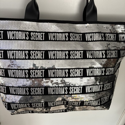 VICTORIA'S SECRET SILVER & BLACK STRIPE TOTE BAG SHOPPER WEEKENDER TRAVEL NWOT - Picture 3 of 12