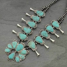  NWT Full Squash Blossom Natural Turquoise Necklace-7325410089