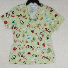 SB Scrubs Women's Medical Scrub Top Green Penguin Noel Xmas XS Relaxed