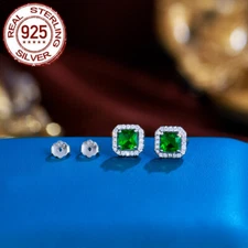 Elegant 925 Sterling Silver Green Square Cubic Zirconia Stud Earrings Women Gift