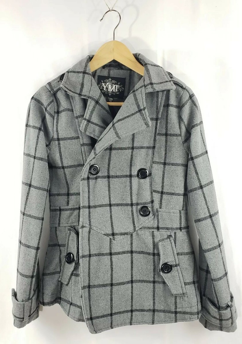 YMI Womens Gray Black Plaid Check Faux Fur Hooded Coat Jacket S