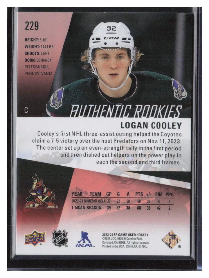 Logan Cooley 2023-24 SP Game Used Authentic Rookies /219 #229 Arizona Coyotes - Image 2 of 2