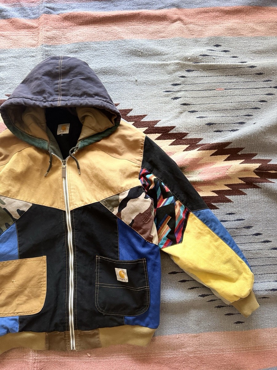 Carhartt Jacket Patchwork Mens Size XL Zip Up Hoodie Hooded