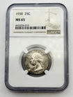1938-P Washington Silver Quarter 25C NGC MS65 BU UNC Philadelphia US Coin BM1
