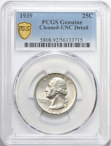 1939 25c Washington Silver Quarter PCGS UNC Details - Cleaned - Nice Coin