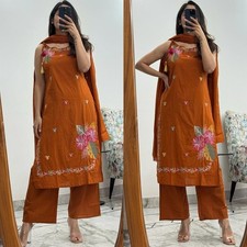 Women Designer Rust Orange Kurta Pant Set Floral Embroidery Indian Ethnic Wear