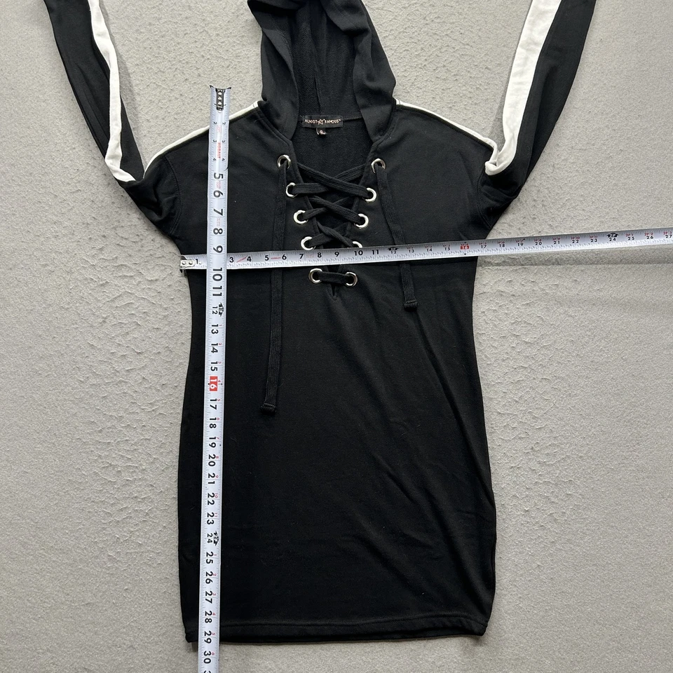 Almost Famous Women's Size Small Black Hoodie Dress Lace-Up Front Long Sleeve Foto 4 de 4