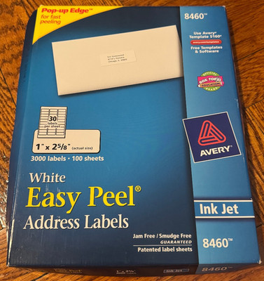 White Easy Peel Address Labels Ink Jet 8460 60 Sheets Avery 1'' x 2 5/8'' 30 per