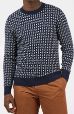 Ben Sherman All Over Geometric Design Crew Neck Sweater Jumper Navy Blue Sz L