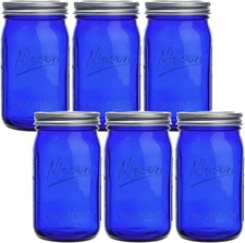 Blue Mason Jars 32 oz,6 Pack Wide Mouth Colored Quart Canning Jars with Airti...