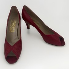 VTG 70s Salvatore Ferragamo Red Leather Peep Toe Pumps Heels Sz 7.5 AA Desinger