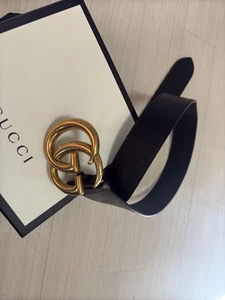 Gucci 80/32 406831 DJ20T Ceinture Cuir Double G Boucle GG Marmont Noir Or