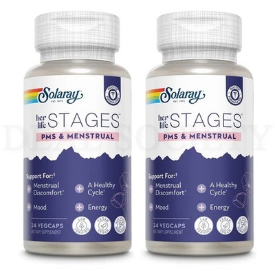 Solaray PMS & Menstrual Supplement her life STAGES 24 VegCaps Lot of 2. 06/29