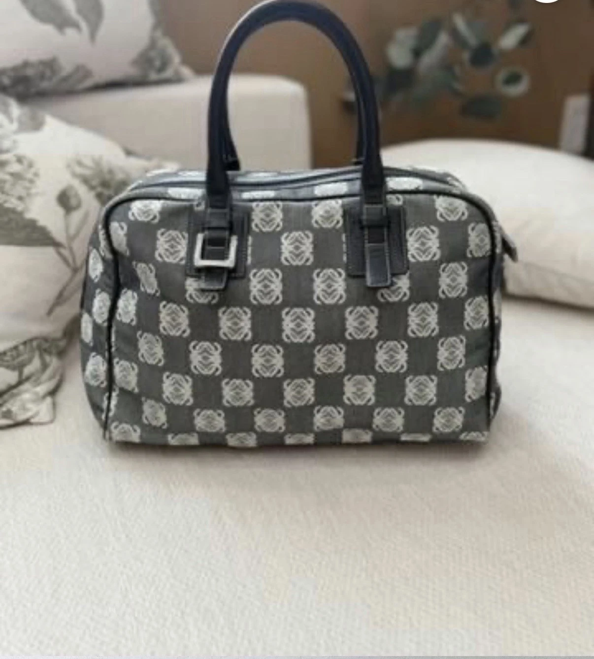 Loewe — Loewe Navy Blue Anagram Denim Canvas Boston Bag