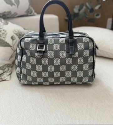 Loewe Navy Blue Anagram Denim Canvas Boston Bag