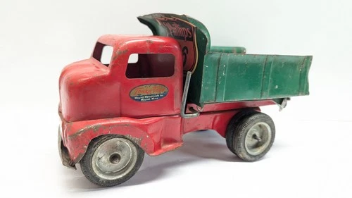 Vintage 1940s 50s Tonka Red & Green Pressed Steel Lever Action Dump Truck