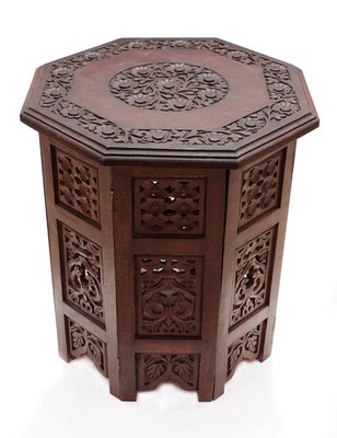 Accent End Table Solid Wood Hand Carved Folding 18x18 Brown Vintage Boho