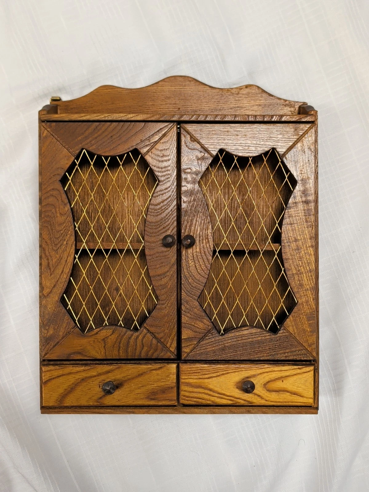 Vtg Wood Wall Spice Cabinet Wire Mesh Doors Apothecary Mid Century 12x15.5x3.5"